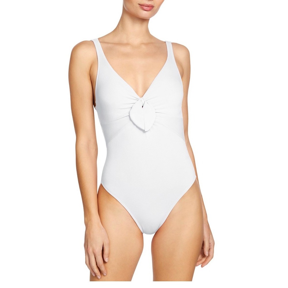 Robin Piccone Ava Knotted One Piece Swimsuit White V-Neck Underwire 10 251716